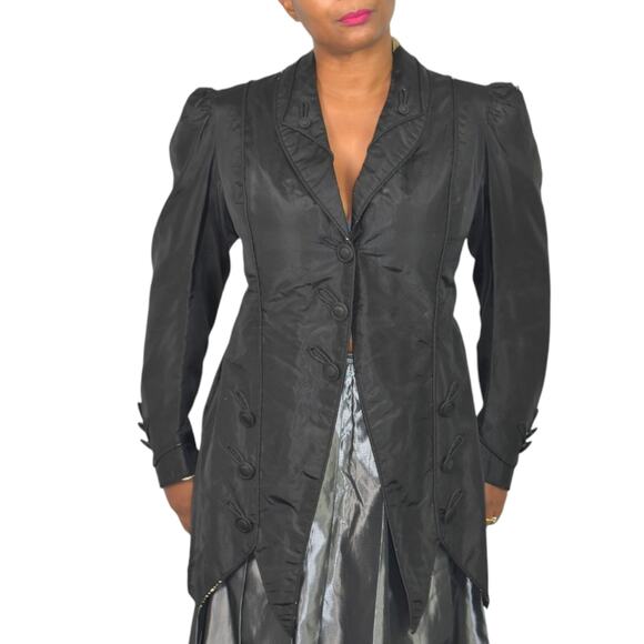 Antique Victorian Silk Blazer Jacket Black Coat Handmade Tailored Custom Small - Picture 1 of 16